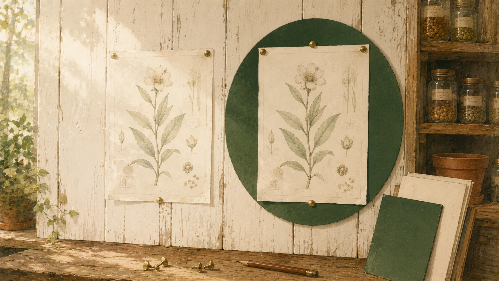Two identical pale botanical studies on a potting-shed wall. The left is pinned to bare whitewashed timber and almost vanishes against it; the right, unchanged, is mounted on a deep moss-green board and reads crisply.