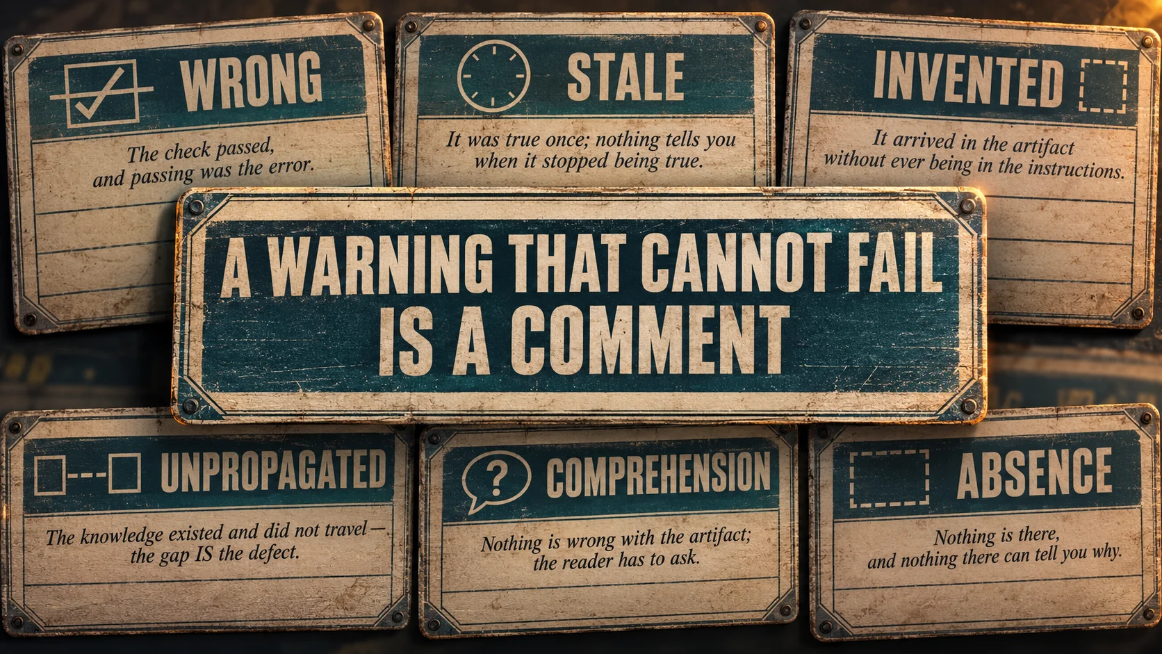 Several flat cream cards in a loose grid, each headed with one failure type. The word 'unpropagated' appears on three of them while every other type appears once.