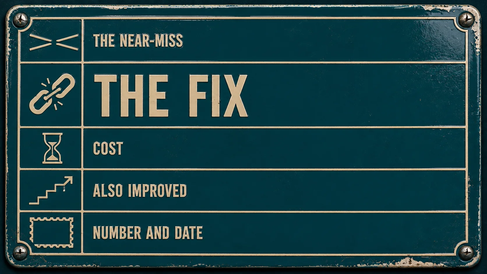 A flat teal enamel plate ruled into five empty labelled bands — the near-miss, the fix, cost, also improved, number and date — with 'the fix' set in the largest type.