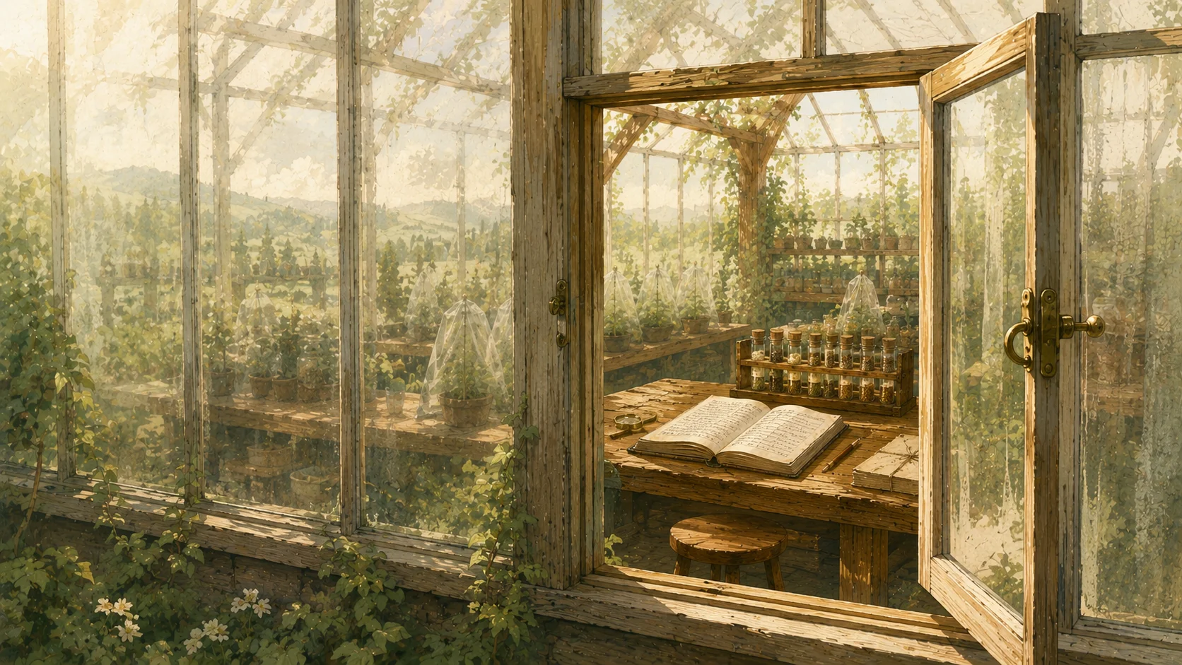 A view into a large timber-and-glass greenhouse through one open window pane, which frames a single tidy workbench in warm sunlight. The rest of the greenhouse is visible but softly obscured behind closed panes with condensation.