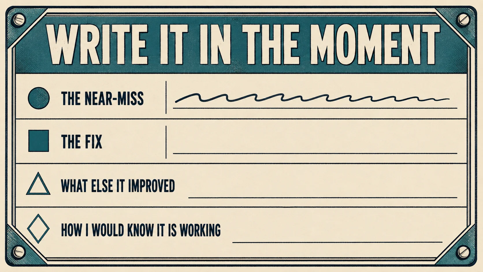 A flat cream card printed with four labels — the near-miss, the fix, what else it improved, how I would know it is working — the first filled in by hand and the rest left blank.